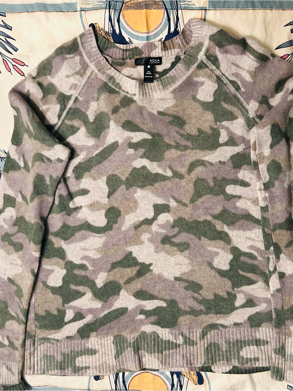 Aqua Cashmere Olive Green & Tan Camo Crewneck Sweater